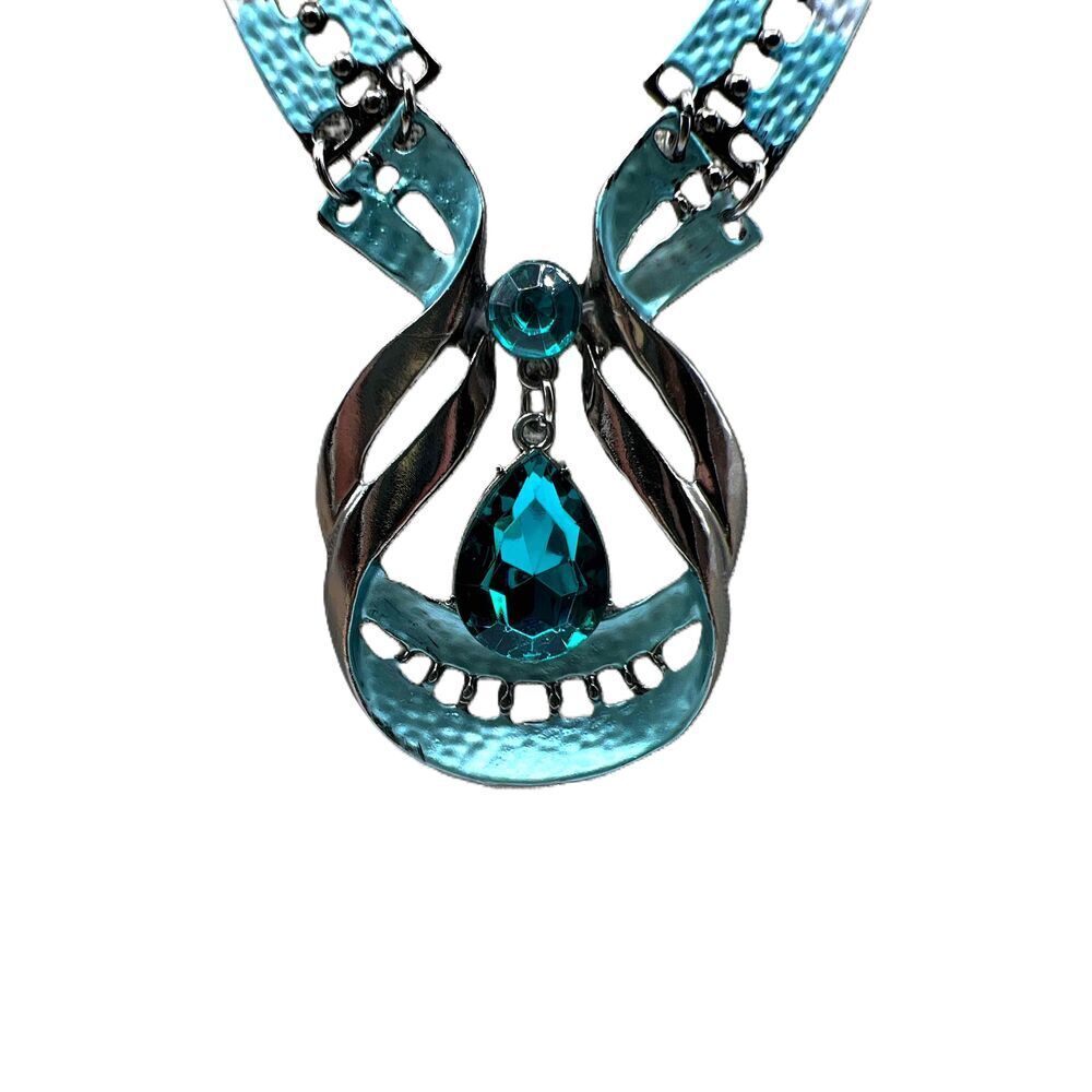 NEW Blue Crystal Silver Tone Drop Earrings Necklace Set - Picture 2 of 15